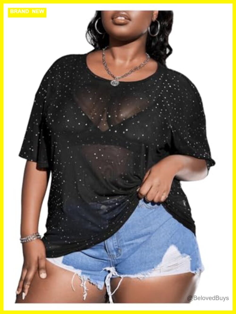Plus Size See Through Glitter Mesh Sequin Short Sleeve Tee